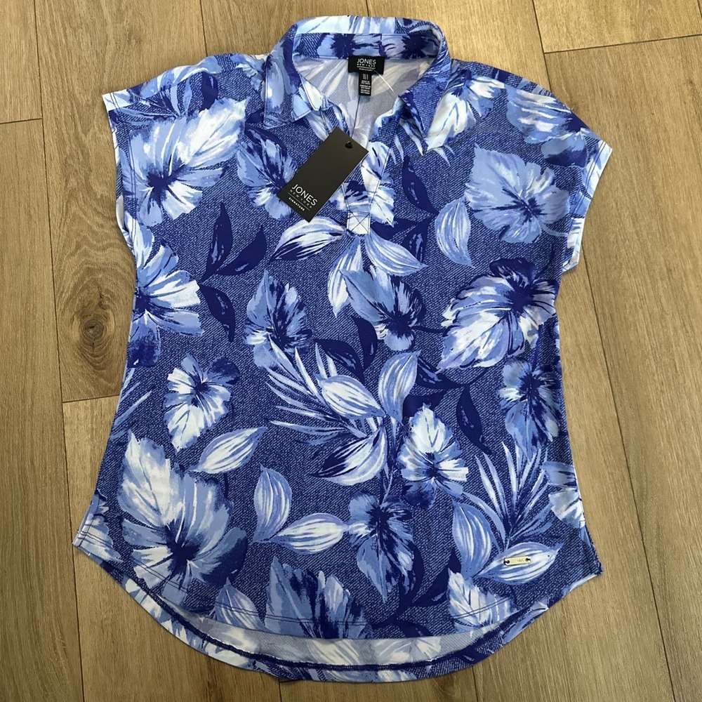 Jones New York Signature Collared Short Sleeve‎ Top Floral Tropical Blue NEW